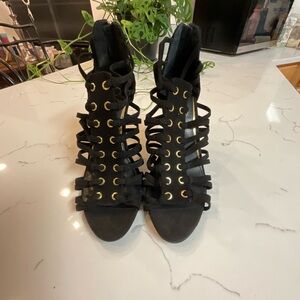 Jessica Simpson Black Gladiator Heels with Gold Accents